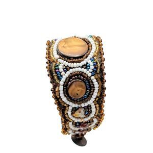 Artisan Brown Beaded Natural Stone Adjustable  Bracelet W/ Button Clasp